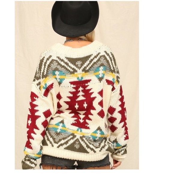 New Cozy Yellowstone Tribal Aztec Printed Pullover Crew Sweater - Picture 4 of 6